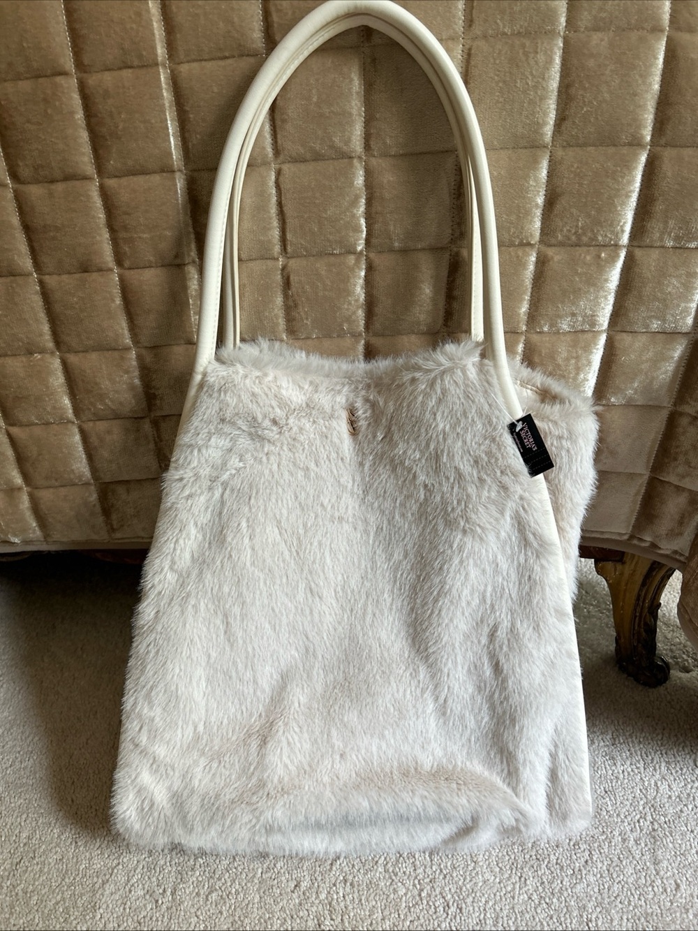 Cream Faux Fur Shoulder Tote Bag